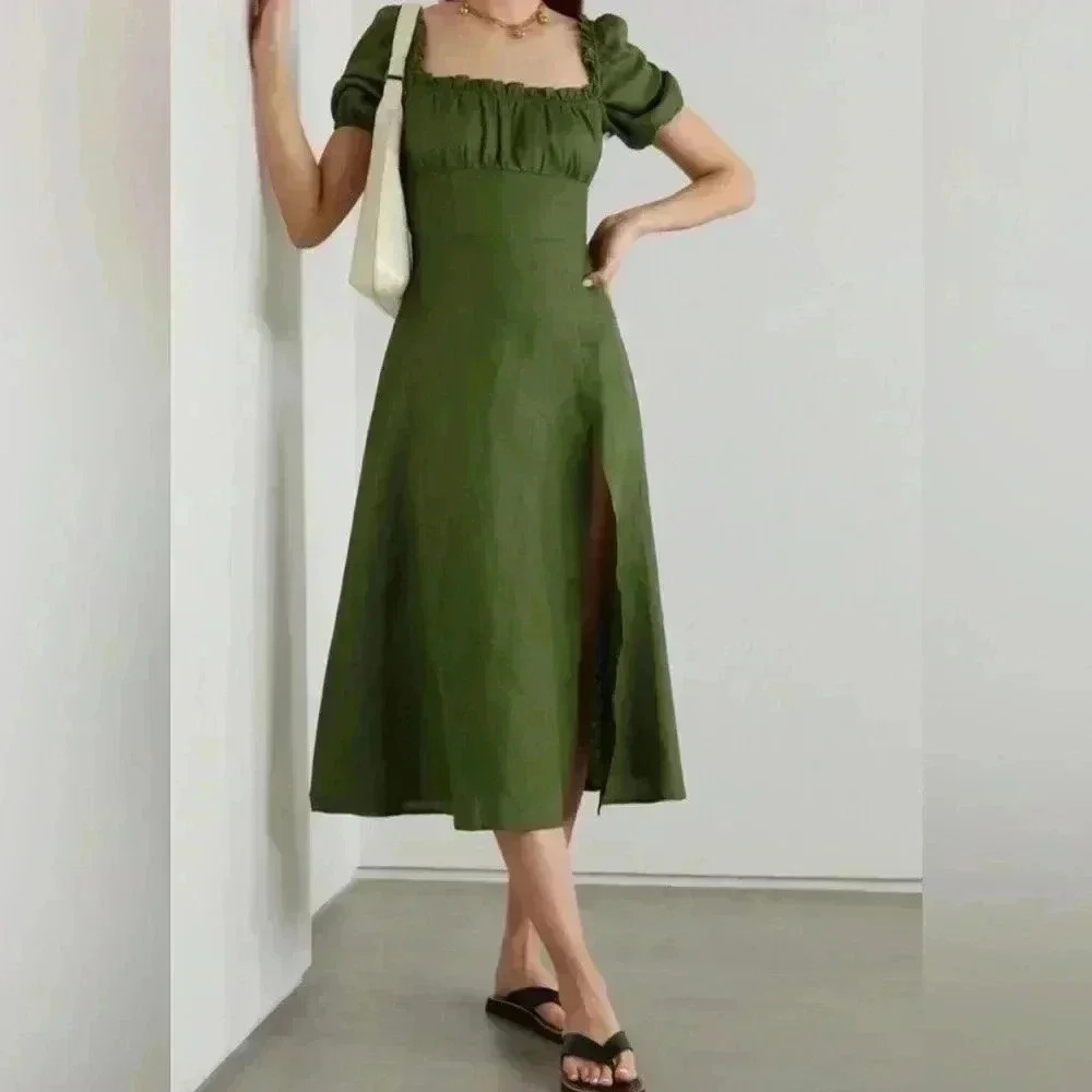 Reformation Jacqueline Linen Midi Dress 0 XS Puff Sleeve Square Neck Ruched Moss - Picture 3 of 10
